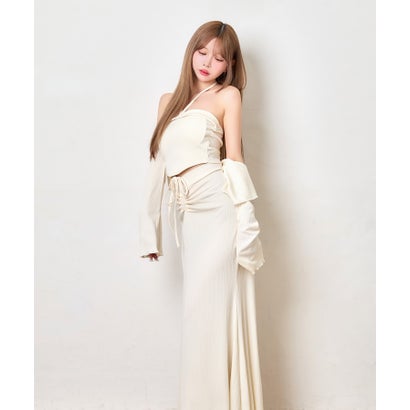 ティカ Tika ホルターネック へそ出し トップス 可愛い シンプル 韓国 3点セット カーディガン ギャザーフレアロングスカート （アイボリー）｜詳細画像