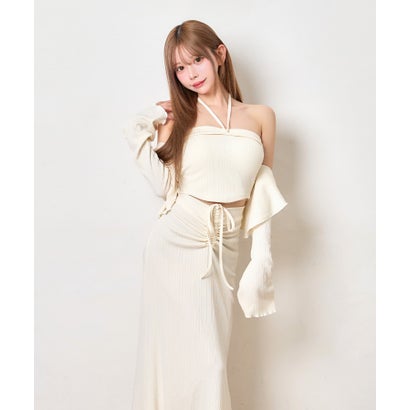 ティカ Tika ホルターネック へそ出し トップス 可愛い シンプル 韓国 3点セット カーディガン ギャザーフレアロングスカート （アイボリー）｜詳細画像