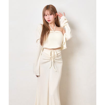 ティカ Tika ホルターネック へそ出し トップス 可愛い シンプル 韓国 3点セット カーディガン ギャザーフレアロングスカート （アイボリー）｜詳細画像