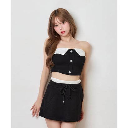 ティカ Tika ベアトップ ミニスカート シンプル スポーティー ミニスカート バイカラー 襟デザイン ボタン セットアップ （ブラック）｜詳細画像