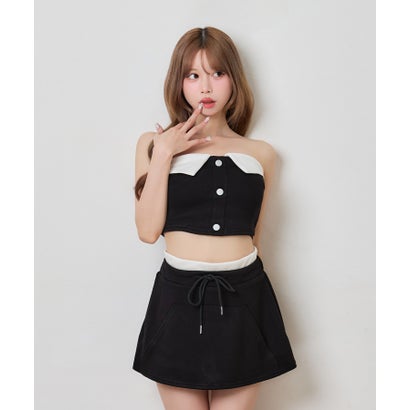 ティカ Tika ベアトップ ミニスカート シンプル スポーティー ミニスカート バイカラー 襟デザイン ボタン セットアップ （ブラック）｜詳細画像
