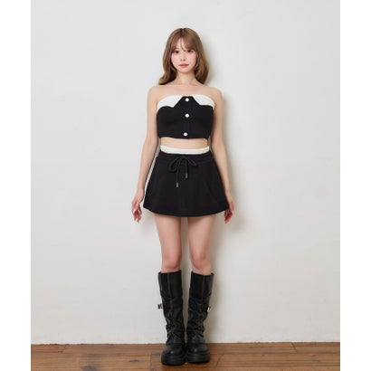 ティカ Tika ベアトップ ミニスカート シンプル スポーティー ミニスカート バイカラー 襟デザイン ボタン セットアップ （ブラック）｜詳細画像