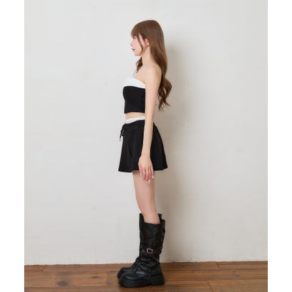 ティカ Tika ベアトップ ミニスカート シンプル スポーティー ミニスカート バイカラー 襟デザイン ボタン セットアップ （ブラック）｜詳細画像