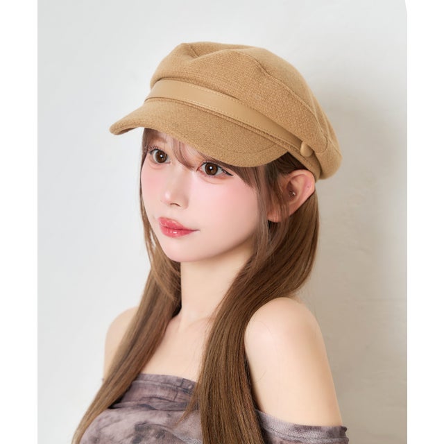 帽子 ツイード生地 可愛い ガーリー レザー調ベルト キャスケット （キャメル）