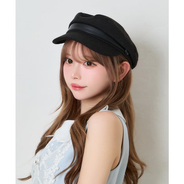 帽子 ツイード生地 可愛い ガーリー レザー調ベルト キャスケット （ブラック）