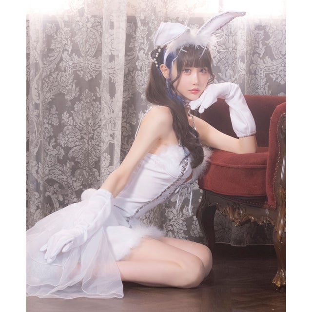 ハロウィン コスプレ バニーガール衣装フロントスピンドルコルセットフィッシュテールワンピース5点セット（ホワイト）