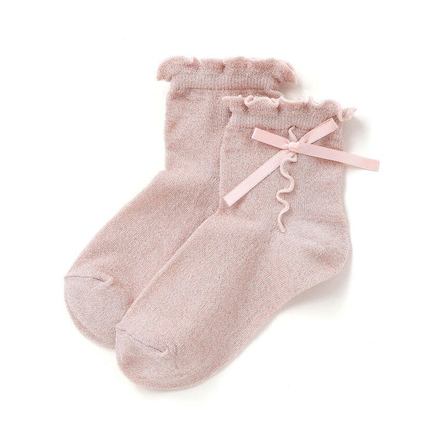 【日本製】ラメリボンソックス(13～21cm) （ピンク）
