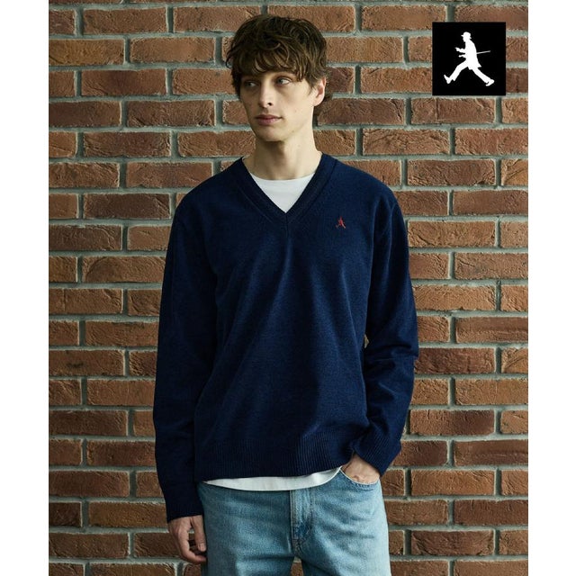 ◆【BOWLER HAT LABEL】ベロアモールVネックニット （ブルー(093)）