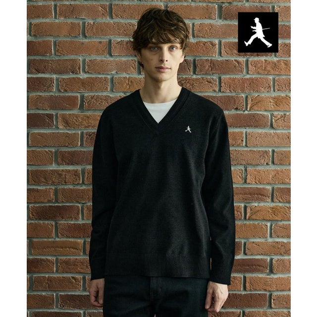 ◆【BOWLER HAT LABEL】ベロアモールVネックニット （ブラック(019)）