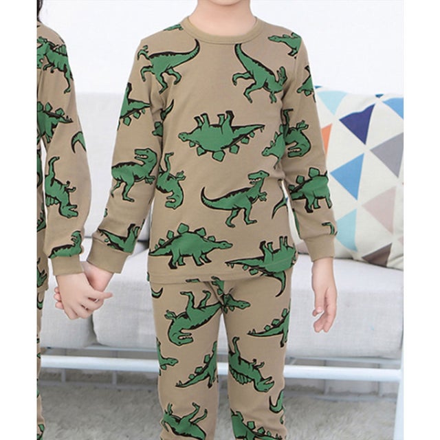 キッズ 長袖ポップデザインセットアップルームウェアパジャマ 上下2点セット （A：恐竜グレージュ）