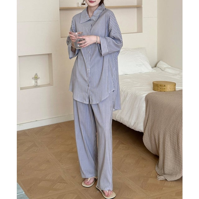 【セットアップ/こなれ見えワッシャー加工】7分袖 ストライプ柄 アシメラウンドヘム シャツ+ロングパンツ 上下2点セット レディース （ブルー）
