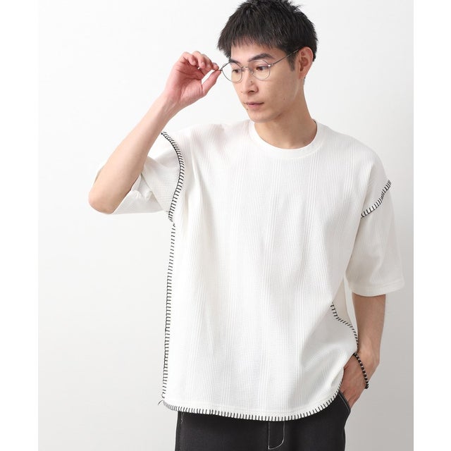 ステッチ刺繍半袖Tシャツ ビックシルエット （オフホワイト(003)）
