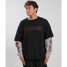 長袖 Tシャツ ロンT メンズ フェイクレイヤード ワッフル×天竺ドッキングLSTEE （BLK-1）