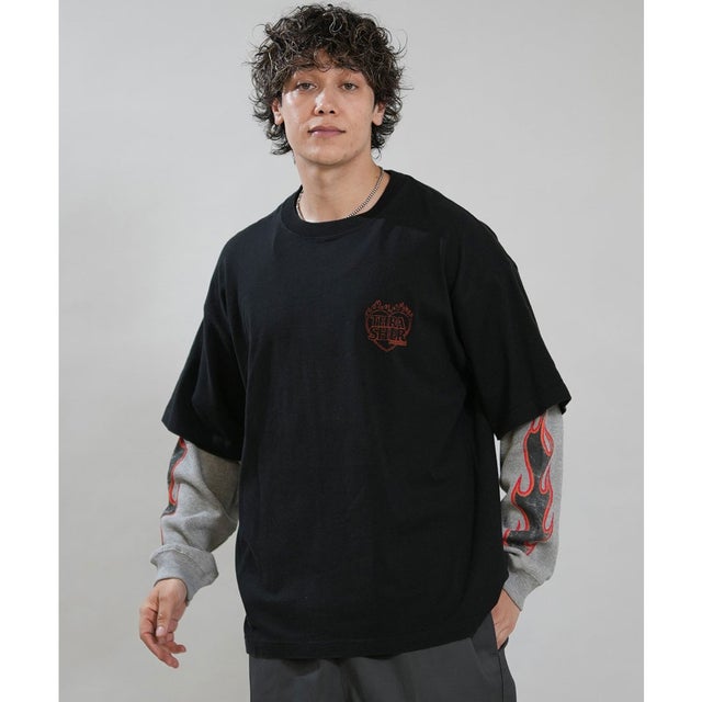 長袖 Tシャツ ロンT メンズ フェイクレイヤード ワッフル×天竺ドッキングLSTEE （BLK-2）
