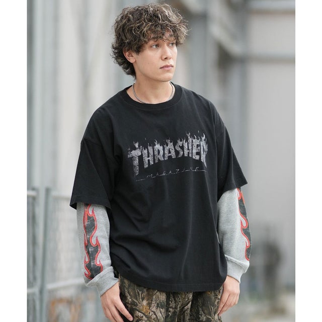 長袖 Tシャツ ロンT メンズ フェイクレイヤード ワッフル×天竺ドッキングLSTEE （BLK-3）