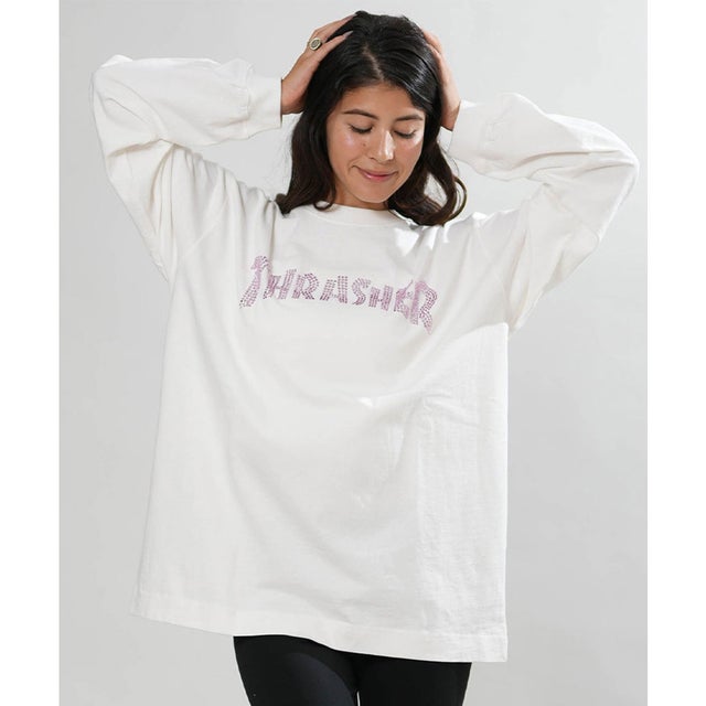 長袖 Tシャツ ロンT レディース ラインストーン ロゴ （WHT）
