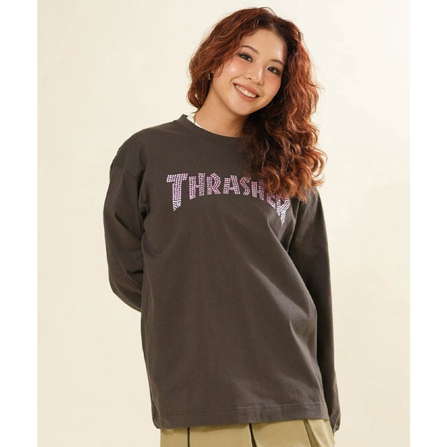 長袖 Tシャツ ロンT レディース ラインストーン ロゴ （GRY）