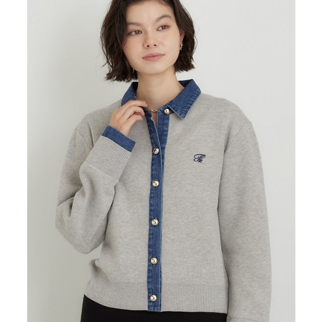 DENIM衿ワンポイント刺繍ニット （グレー(012)）