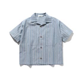 【150・160cm】リネン混オープンカラーシャツ (ブルー)