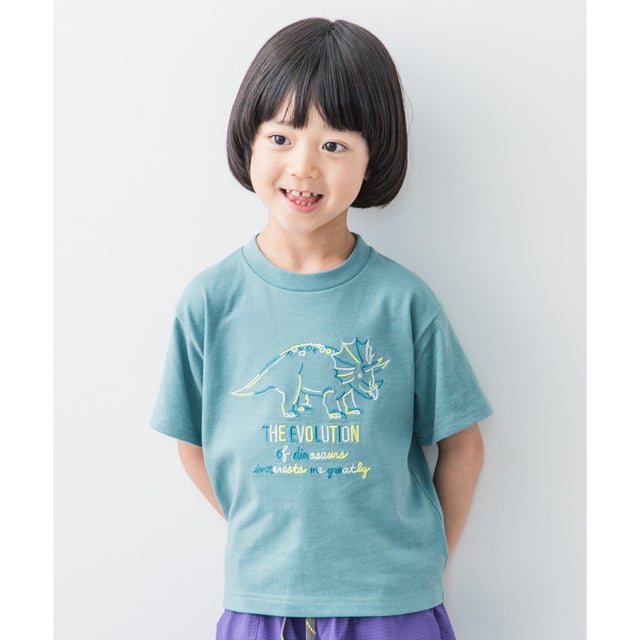 【100-140】恐竜刺繍Tシャツ （カーキ&グリーン(020)）