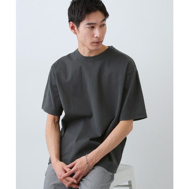 ジオメトリック柄半袖Tシャツ 洗濯機OK （チャコールグレー(014)）