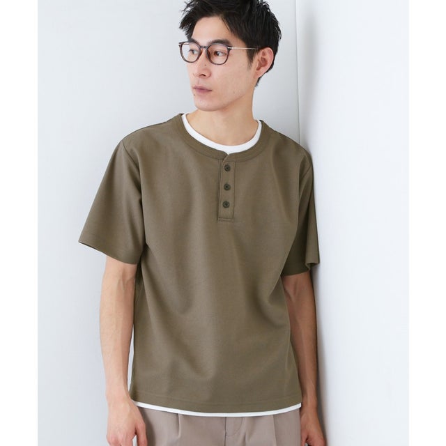 ヘンリーネック レイヤード 半袖Tシャツ 洗濯機OK （モカブラウン(042)）
