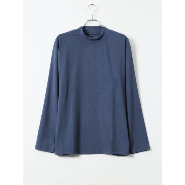 【大きいサイズ】KAITEKI+ Tシャツ メンズ 長袖 ストレッチ 起毛 ハイネック フラッフィースムース （紺）
