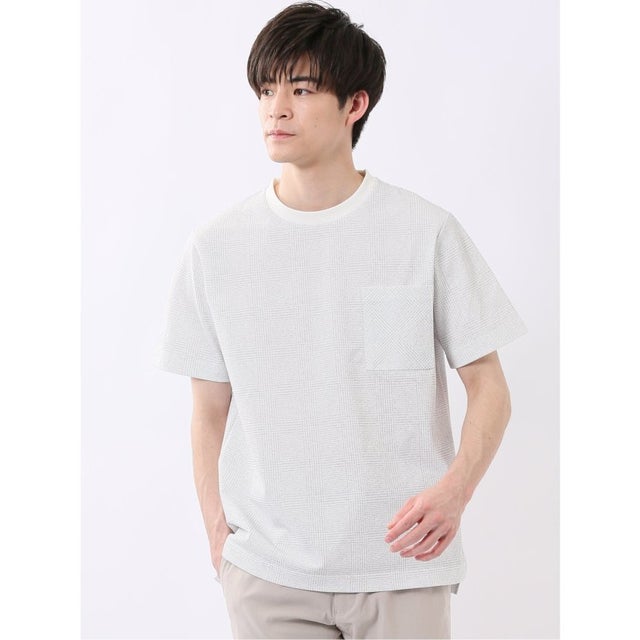 ストレッチ チェック プリント クルーネック 半袖 Tシャツ （ライトグレー）