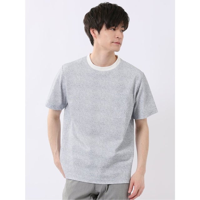 ストレッチ チェック プリント クルーネック 半袖 Tシャツ （紺）