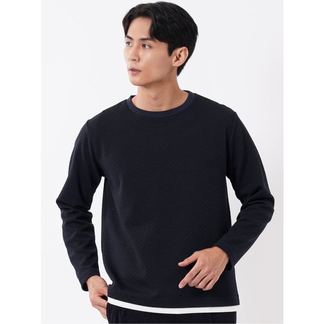 Tシャツ メンズ 長袖 ストレッチ クルーネック フェイクレイヤード バイアス ジャガード （紺）
