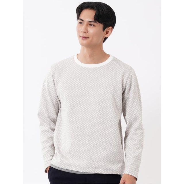 Tシャツ メンズ 長袖 ストレッチ クルーネック フェイクレイヤード バイアス ジャガード （白）