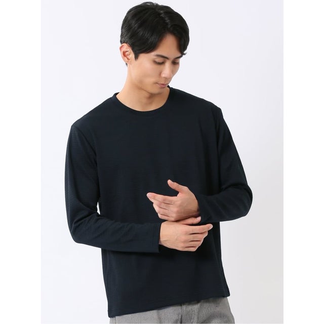 Tシャツ メンズ 長袖 ストレッチ クルーネック ワッフル ジャガード （紺）