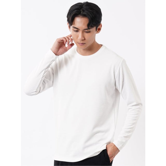 Tシャツ メンズ 長袖 ストレッチ クルーネック ワッフル ジャガード （白）