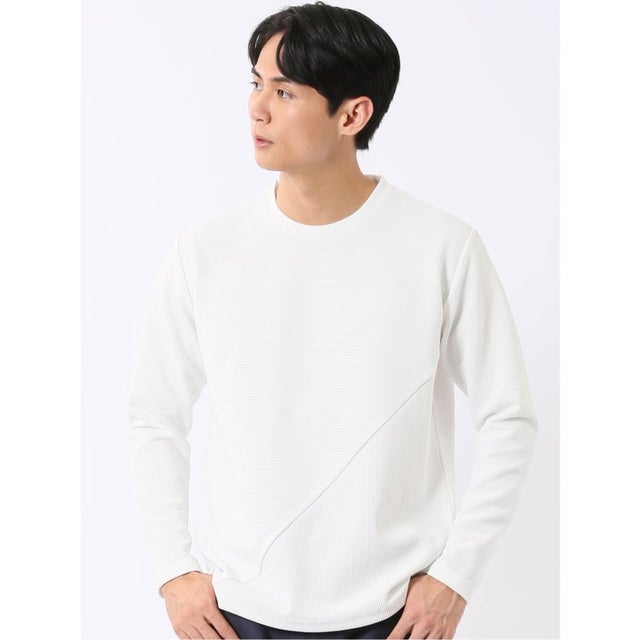 Tシャツ メンズ 長袖 ストレッチ クルーネック リップル ジャガード 切替 （白）