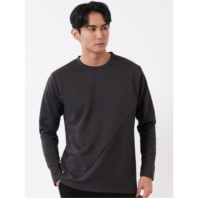 Tシャツ メンズ 長袖 ストレッチ クルーネック リップル ジャガード 切替 （グレー）