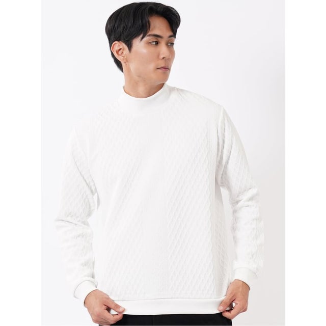 Tシャツ メンズ 長袖 ストレッチ モックネック ケーブル ジャガード （白）