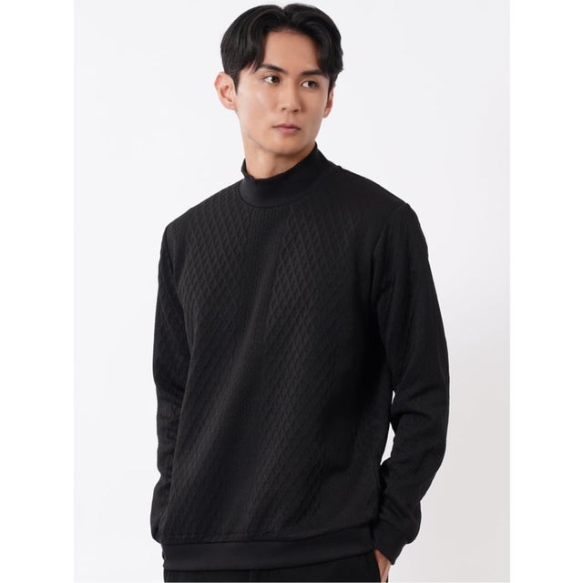 Tシャツ メンズ 長袖 ストレッチ モックネック ケーブル ジャガード （黒）