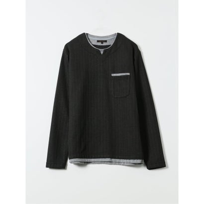 Tシャツ メンズ 長袖 ストレッチ キーネック フェイクレイヤード リンクス ジャガード （黒）｜詳細画像
