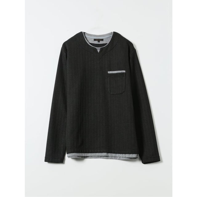 Tシャツ メンズ 長袖 ストレッチ キーネック フェイクレイヤード リンクス ジャガード （黒）