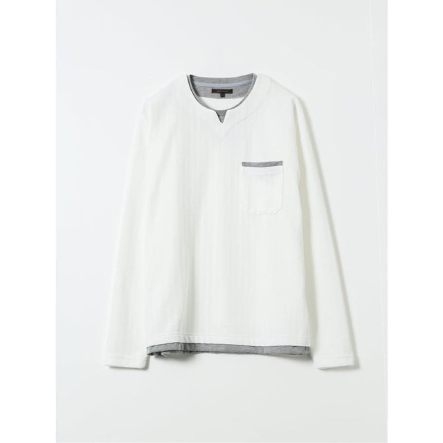 Tシャツ メンズ 長袖 ストレッチ キーネック フェイクレイヤード リンクス ジャガード （白）