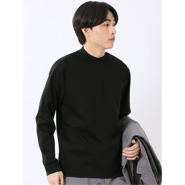 Tシャツ メンズ 長袖 ストレッチ UV 綿 コットン 無地 シルケット スムス モックネック ドレスT （黒）