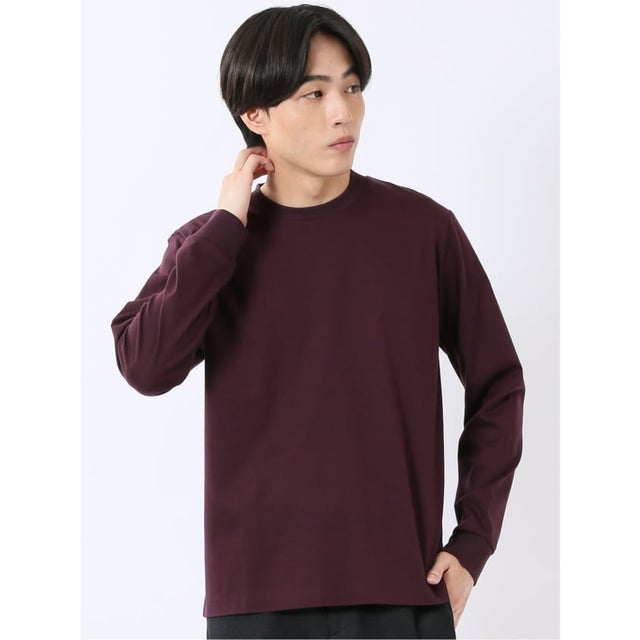 Tシャツ メンズ 長袖 ストレッチ UV 綿 コットン 無地 シルケット スムス スロープネック ドレスT （ワイン）