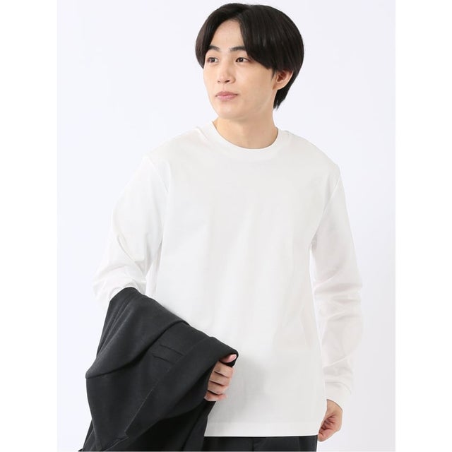 Tシャツ メンズ 長袖 ストレッチ UV 綿 コットン 無地 シルケット スムス スロープネック ドレスT （白）