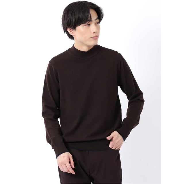 ニット プルオーバー メンズ 長袖 ストレッチ ハンドウォッシャブル モックネック セーター ウール混 （こげ茶）