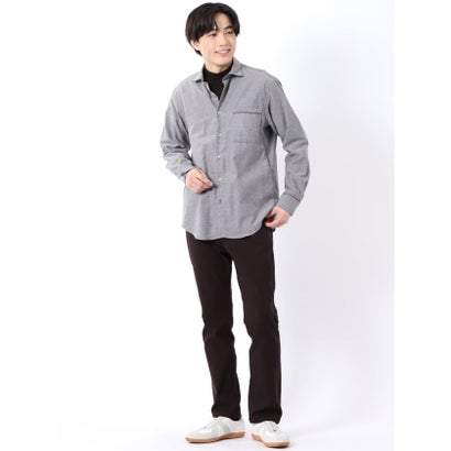 シャツ メンズ 長袖 起毛 フランネル 綿 コットン ワイドカラー 無地 パイピング （グレー）｜詳細画像