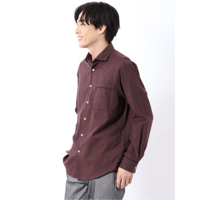 シャツ メンズ 長袖 起毛 フランネル 綿 コットン ワイドカラー 無地 パイピング （グレー）｜詳細画像