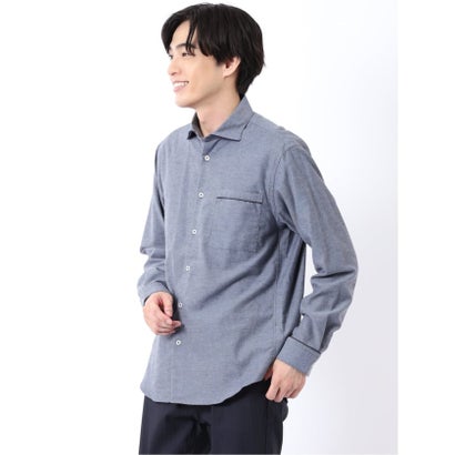 シャツ メンズ 長袖 起毛 フランネル 綿 コットン ワイドカラー 無地 パイピング （グレー）｜詳細画像