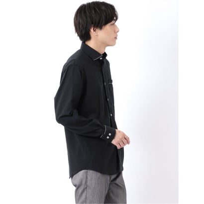 シャツ メンズ 長袖 起毛 フランネル 綿 コットン ワイドカラー 無地 パイピング （黒）｜詳細画像