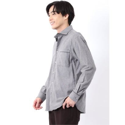 シャツ メンズ 長袖 起毛 フランネル 綿 コットン ワイドカラー 無地 パイピング （サックス）｜詳細画像