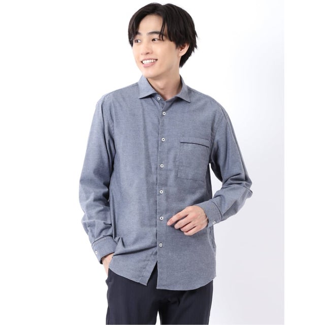 シャツ メンズ 長袖 起毛 フランネル 綿 コットン ワイドカラー 無地 パイピング （サックス）